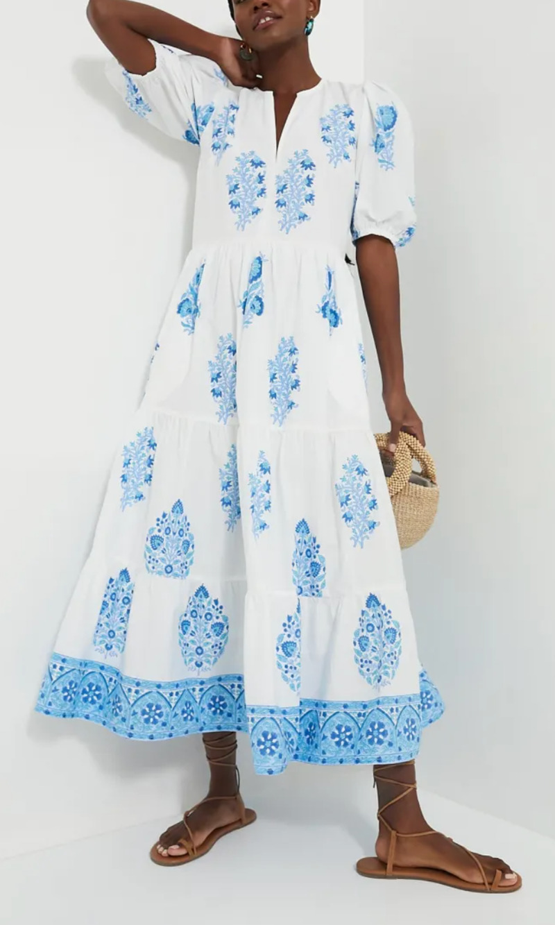 OLIPHANT Tuckernuck Laguna Blue Puff Sleeve Maxi Midi Dress Cotton Block Print